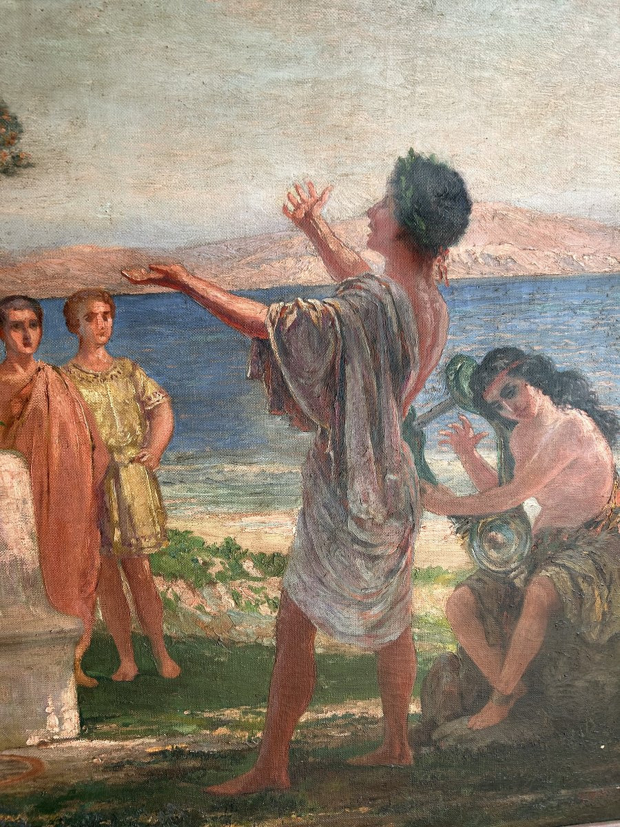 Grande Olio su tela Liberty di inizio 900 Raffigurante Personaggi in Giardino-photo-4