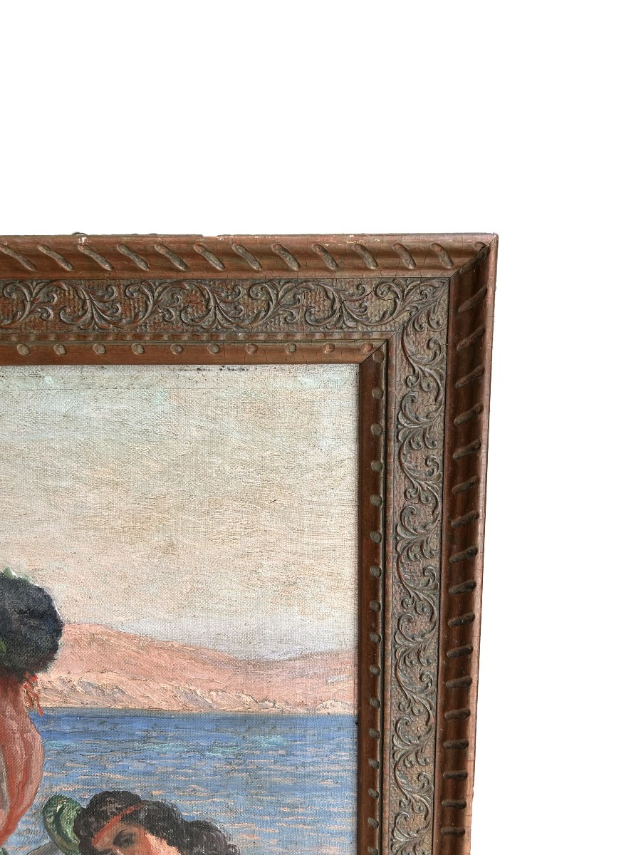 Grande Olio su tela Liberty di inizio 900 Raffigurante Personaggi in Giardino-photo-1