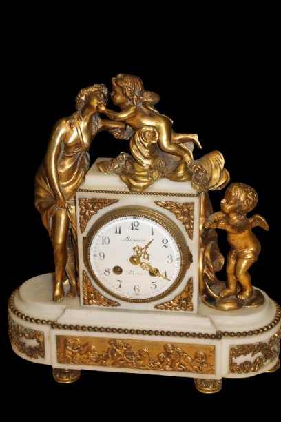 Trittico Francese di metà 1800 Orologio in marmo con Candelieri in bronzo-photo-2