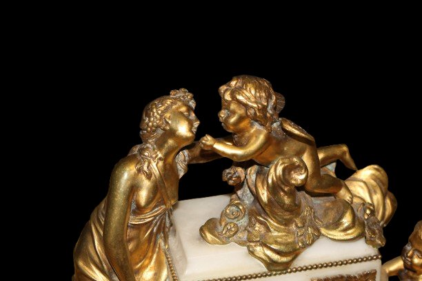 Trittico Francese di metà 1800 Orologio in marmo con Candelieri in bronzo-photo-3