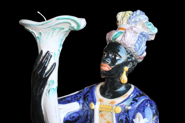 Coppia di Mori in Ceramica Italiani di inizio 1900 Elettrificati-photo-2