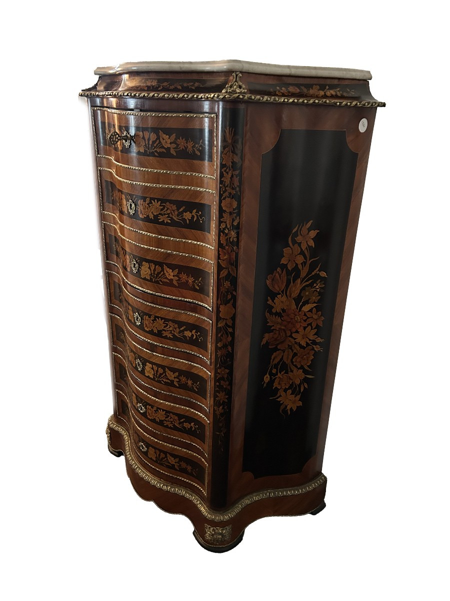 Settimino Francese Stile Napoleone III del 1800 Riccamente Intarsiato-photo-1