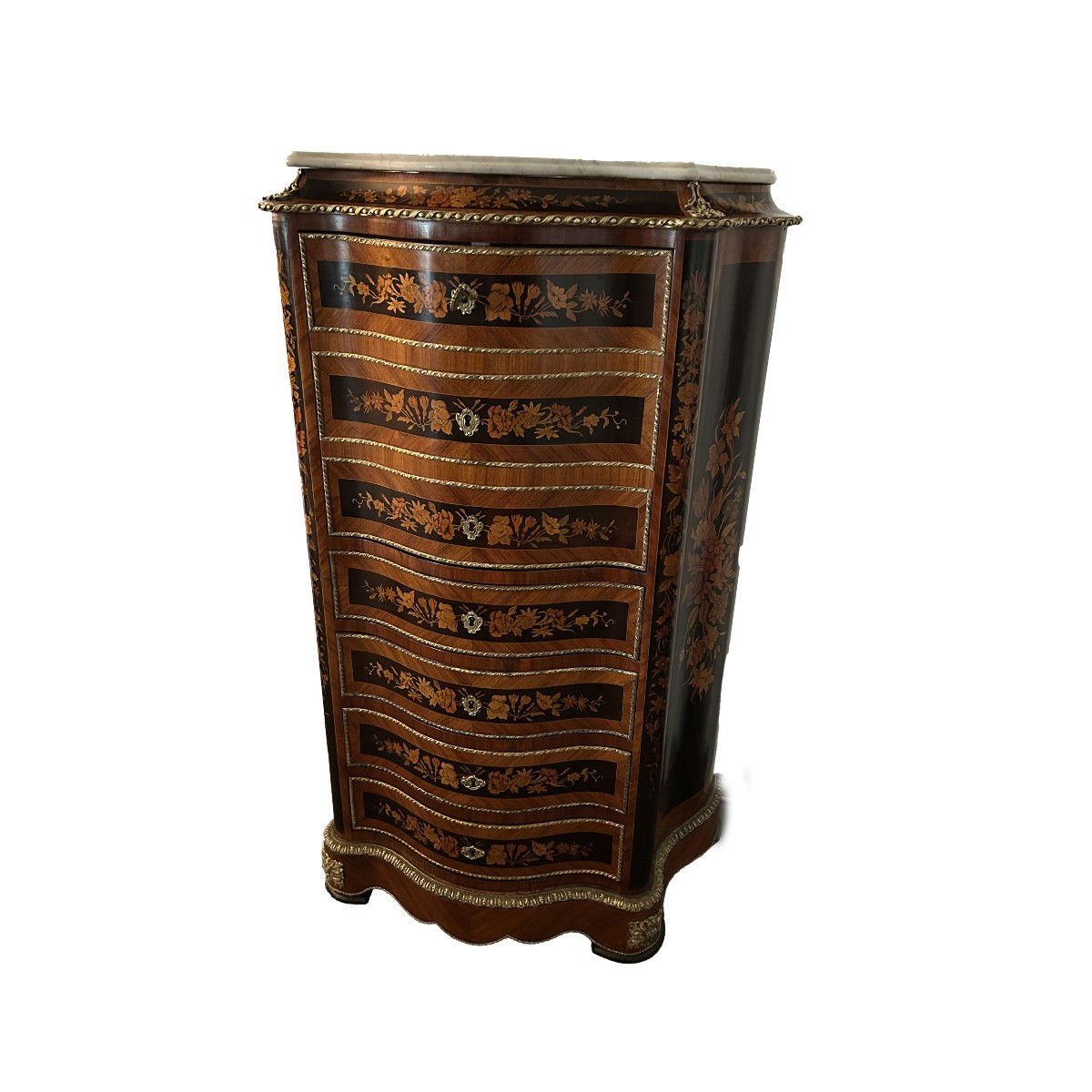 Settimino Francese Stile Napoleone III del 1800 Riccamente Intarsiato