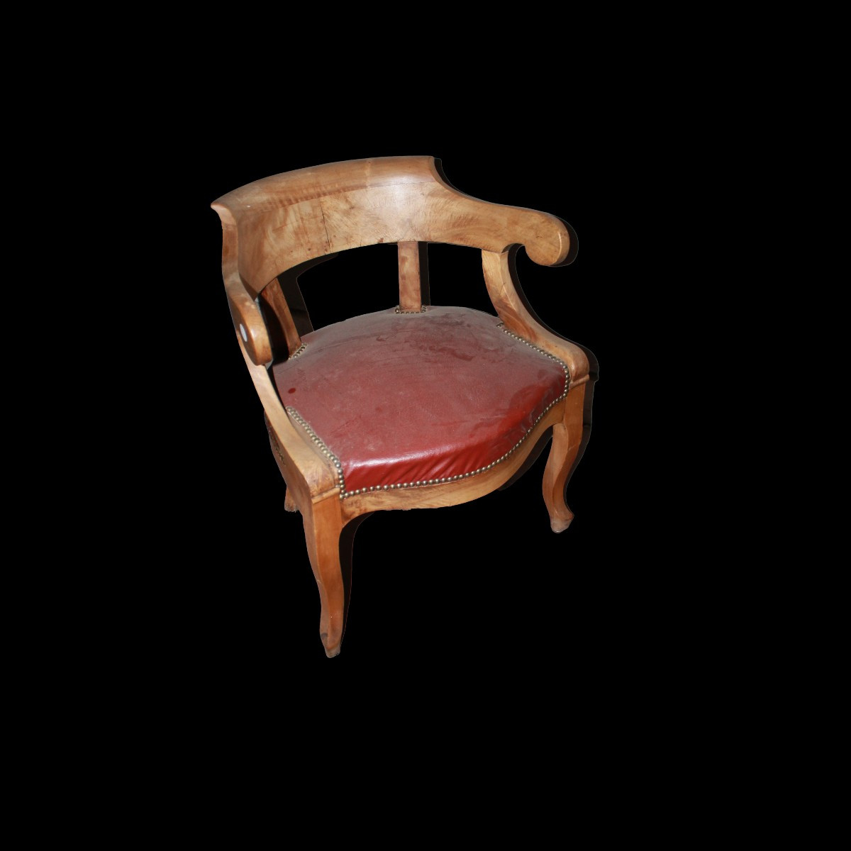 Poltrona a Pozzetto da Scrivania Stile Impero in Massello di noce e seduta in pelle