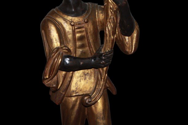 Coppia di Mori Veneziani Porta Vaso in Legno Intagliato e Dorato – XX Secolo-photo-1