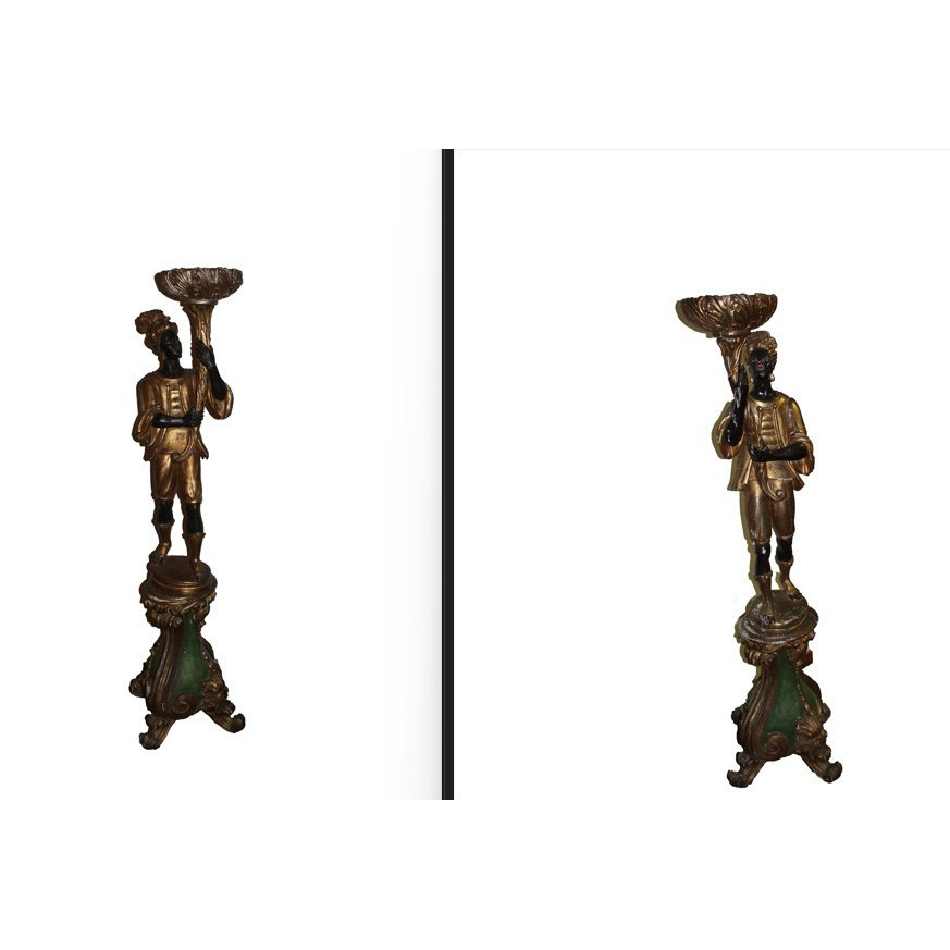 Coppia di Mori Veneziani Porta Vaso in Legno Intagliato e Dorato – XX Secolo