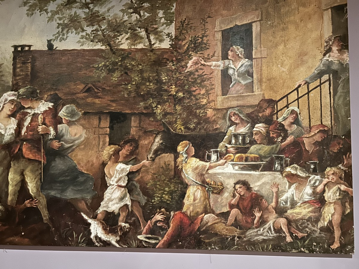 Grande quadro panoramico scena di festa campestre XX secolo-photo-4