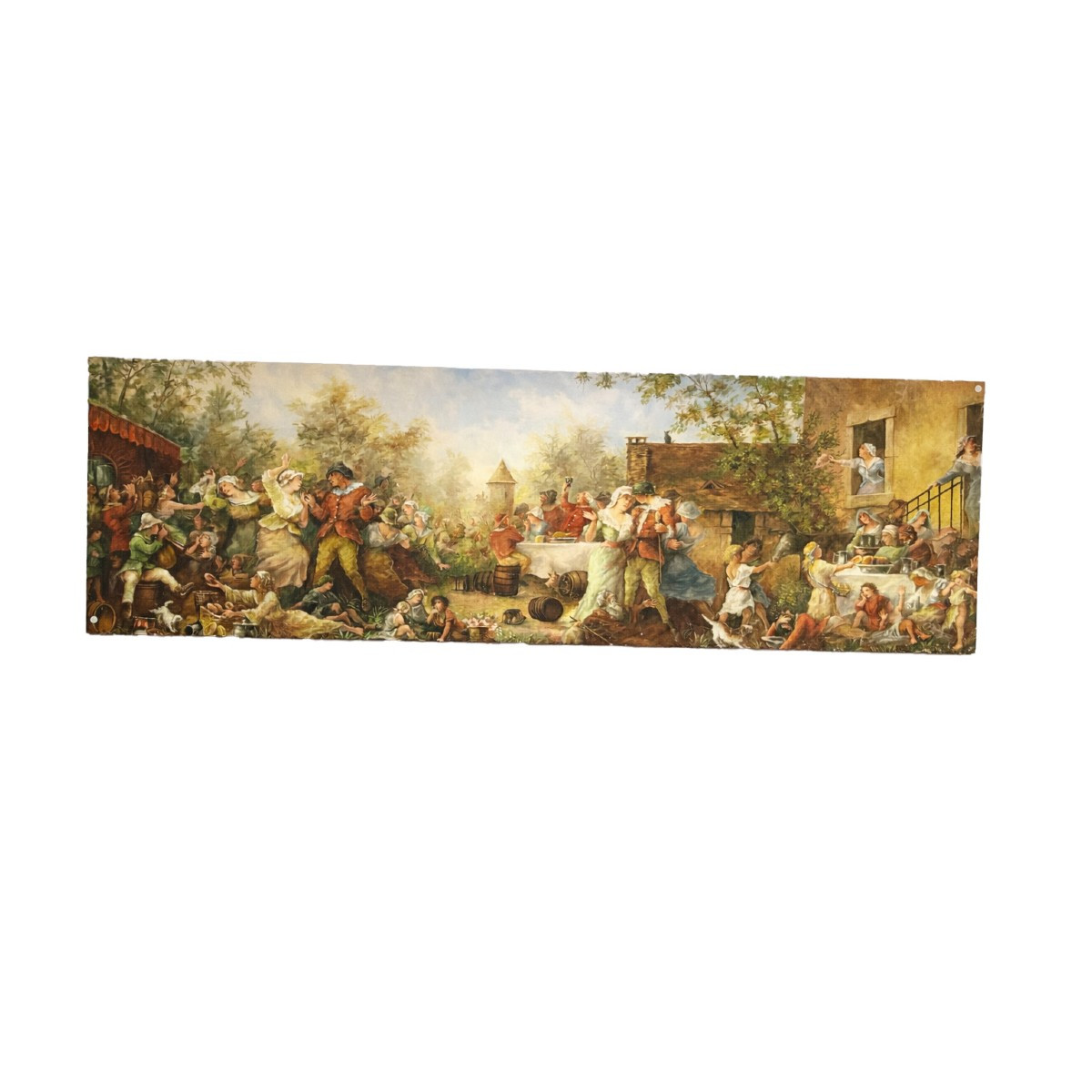 Grande quadro panoramico scena di festa campestre XX secolo
