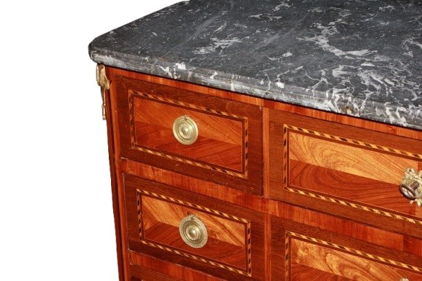 Comò francese stile Luigi XVI di inizio 1800 con piano in marmo e intarsi-photo-3