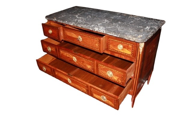 Comò francese stile Luigi XVI di inizio 1800 con piano in marmo e intarsi-photo-1