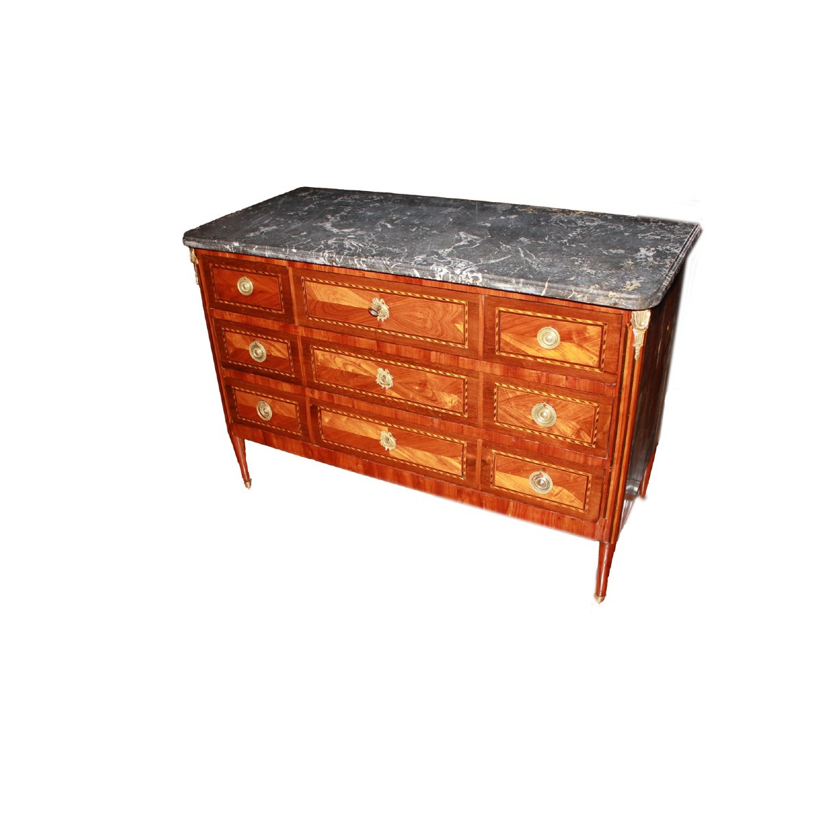 Comò francese stile Luigi XVI di inizio 1800 con piano in marmo e intarsi