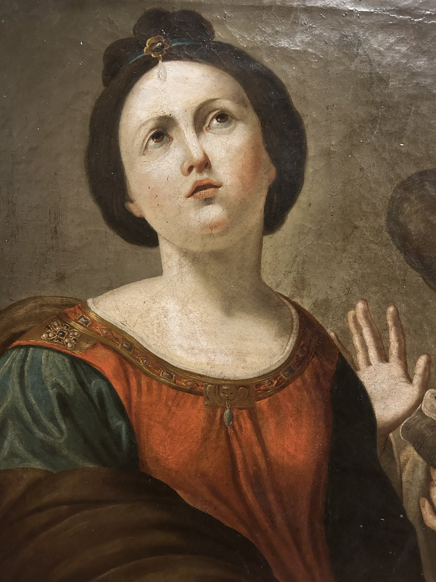 Olio su tela del XVII secolo raffigurante Santa Cecilia, patrona della musica-photo-3