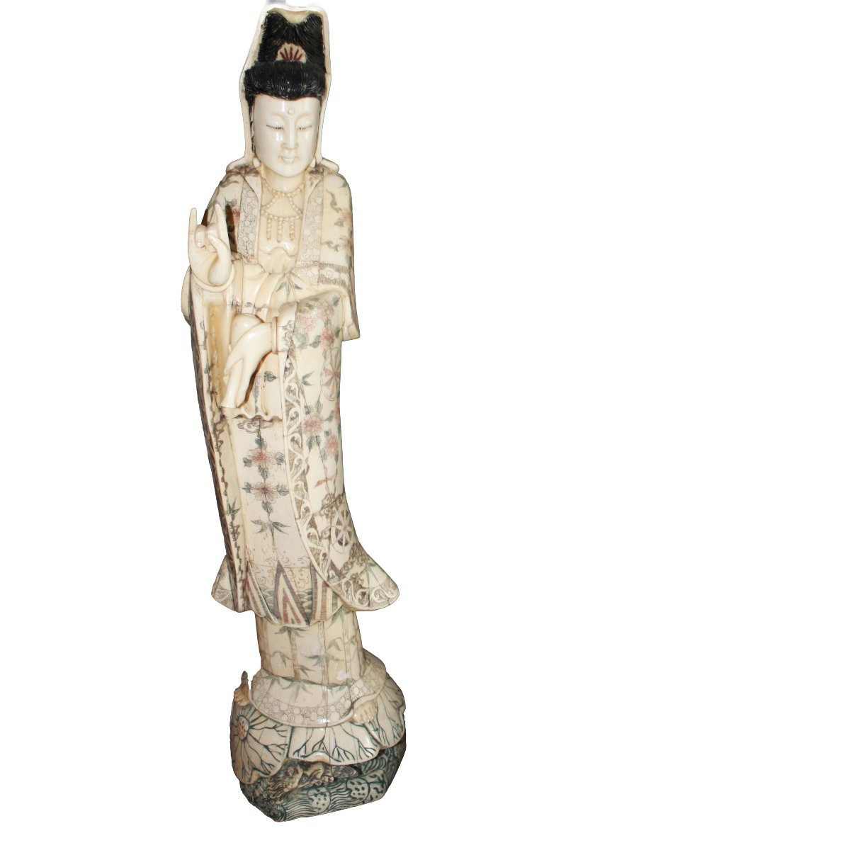 Coppia di Sculture Asiatiche in Mammut Guanyin e Guan Yu-photo-2