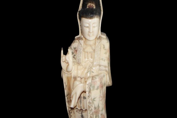 Coppia di Sculture Asiatiche in Mammut Guanyin e Guan Yu-photo-3