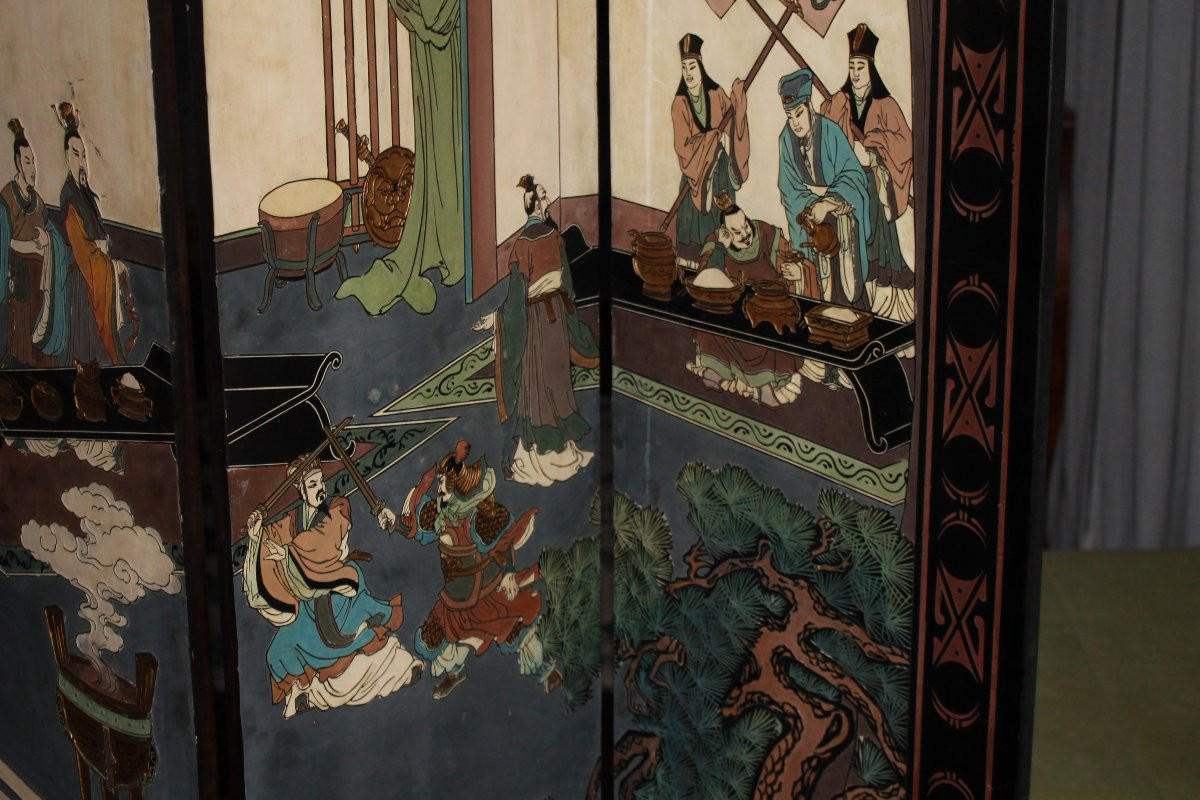 Elegante paravento cinese di inizio XX secolo Riccamente decorato-photo-3