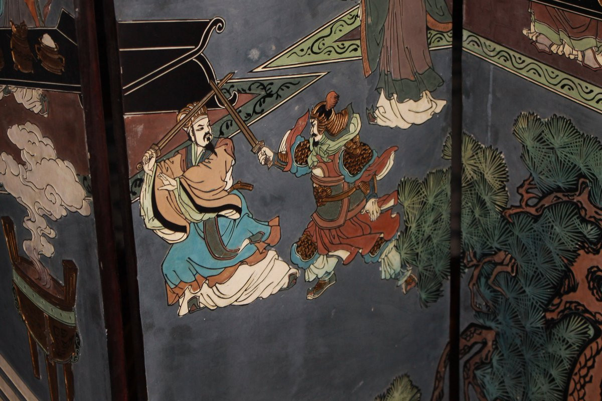 Elegante paravento cinese di inizio XX secolo Riccamente decorato-photo-4