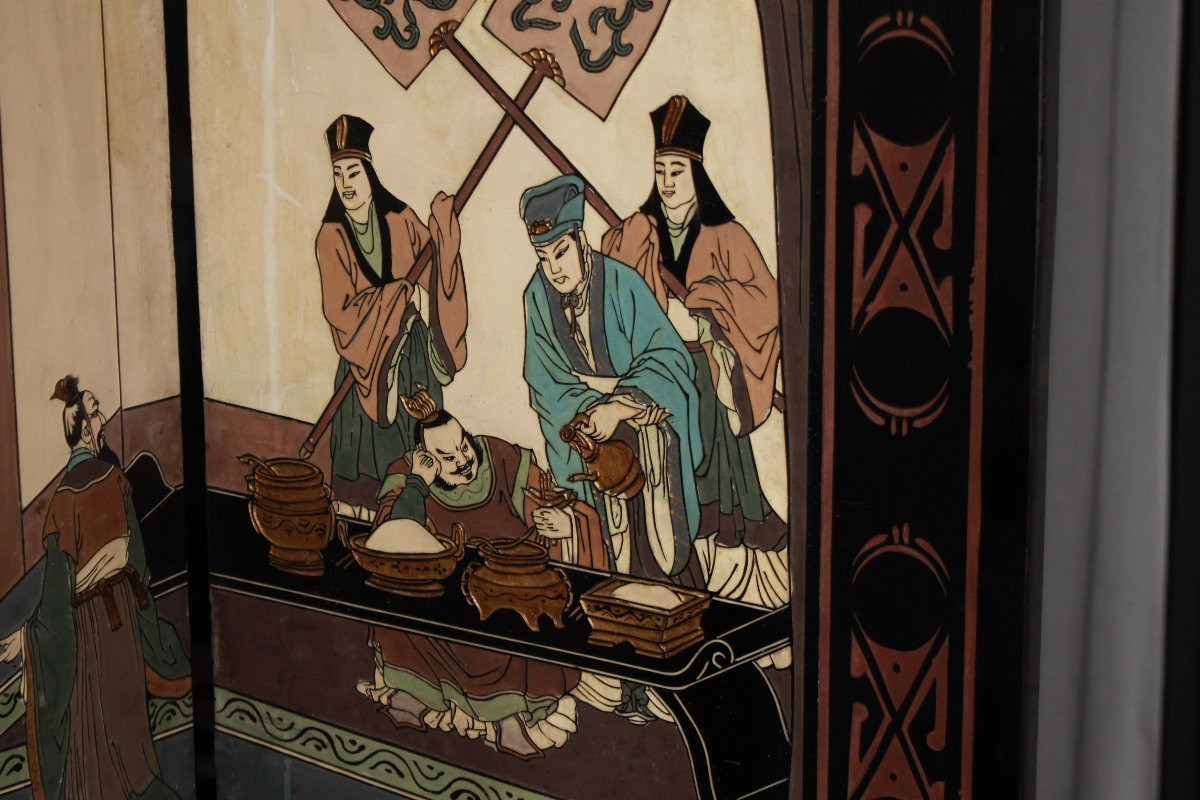 Elegante paravento cinese di inizio XX secolo Riccamente decorato-photo-2