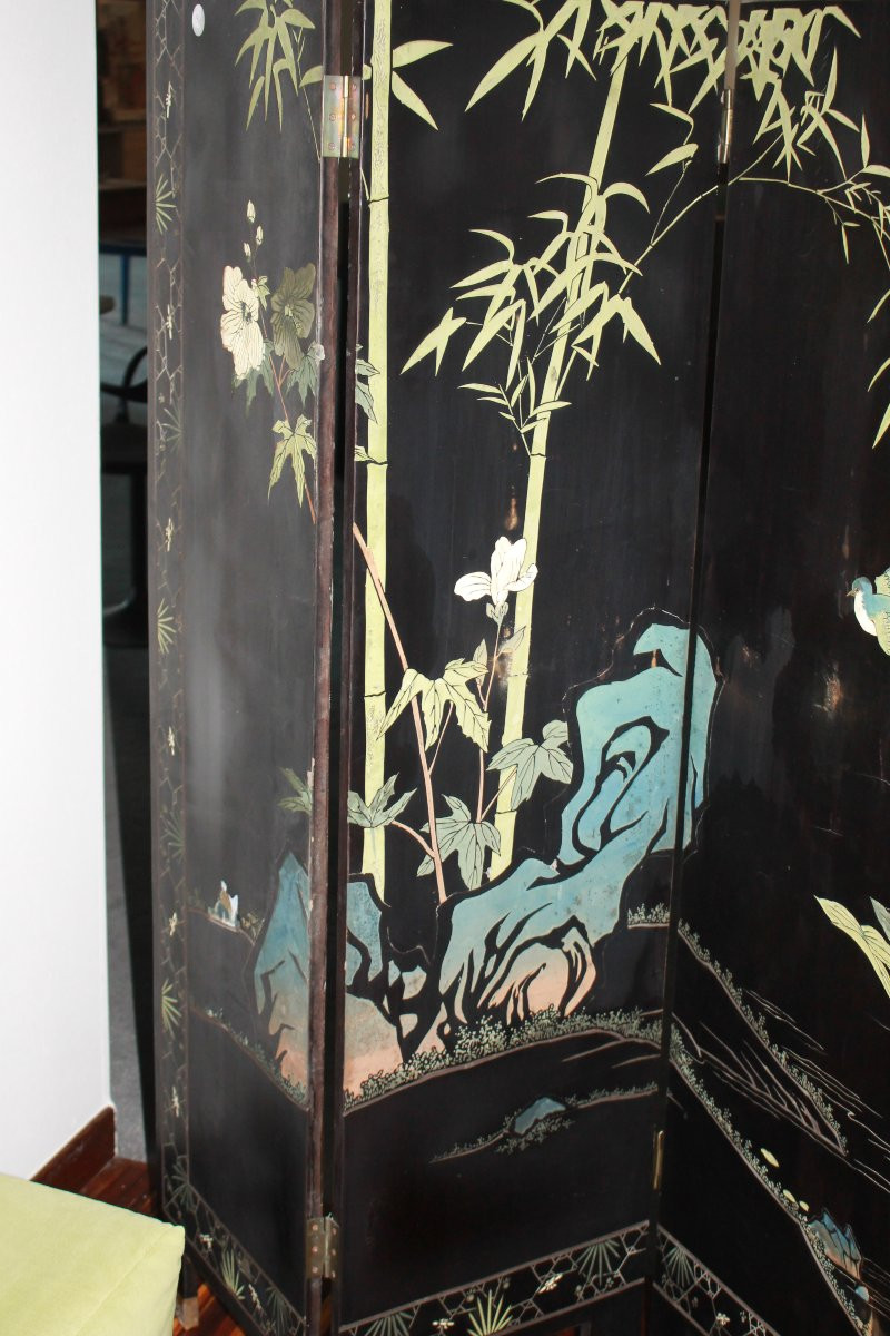 Elegante paravento cinese di inizio XX secolo Riccamente decorato-photo-4