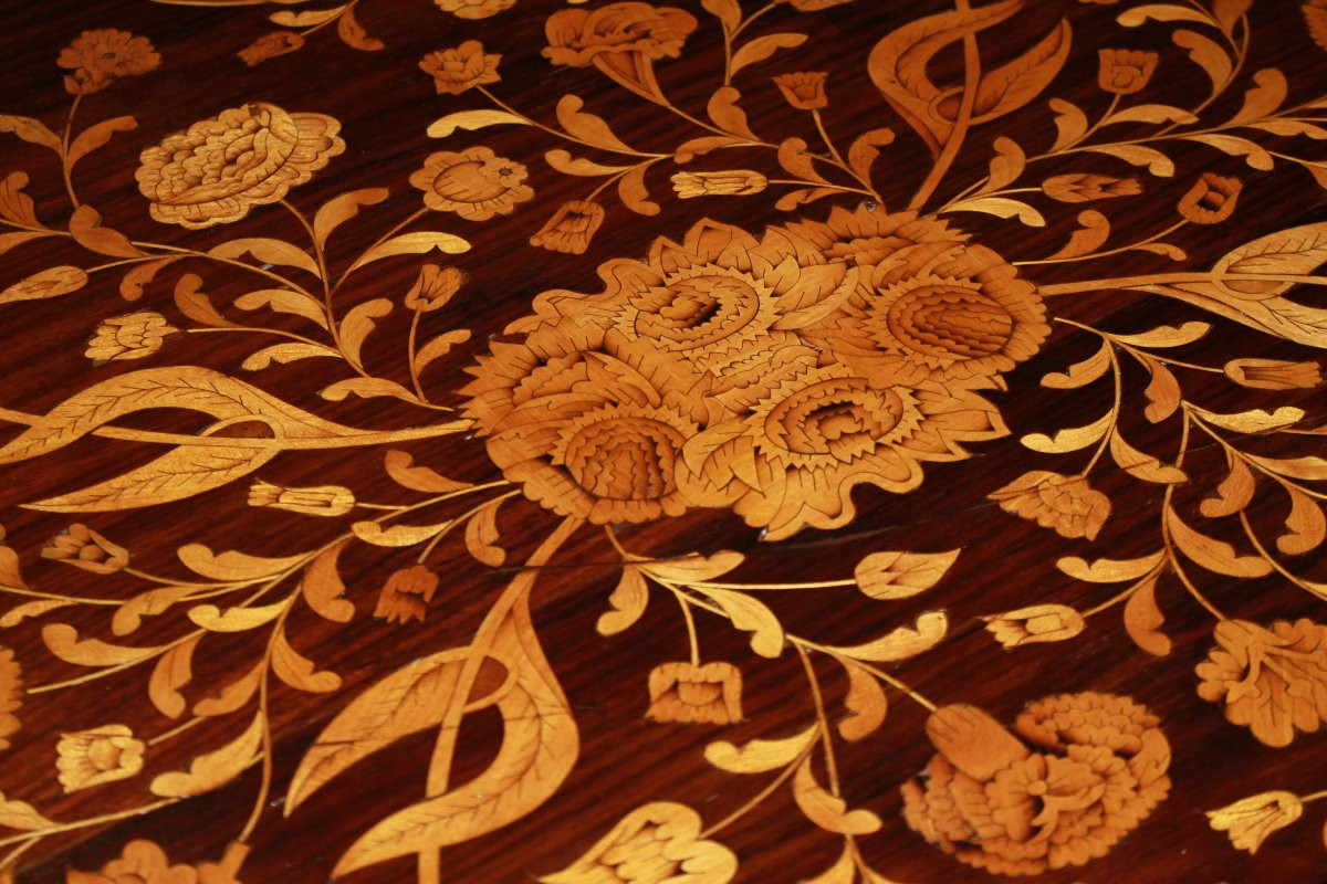 Tavolo Olandese del 1700 In Palissandro riccamente Intarsiato-photo-3