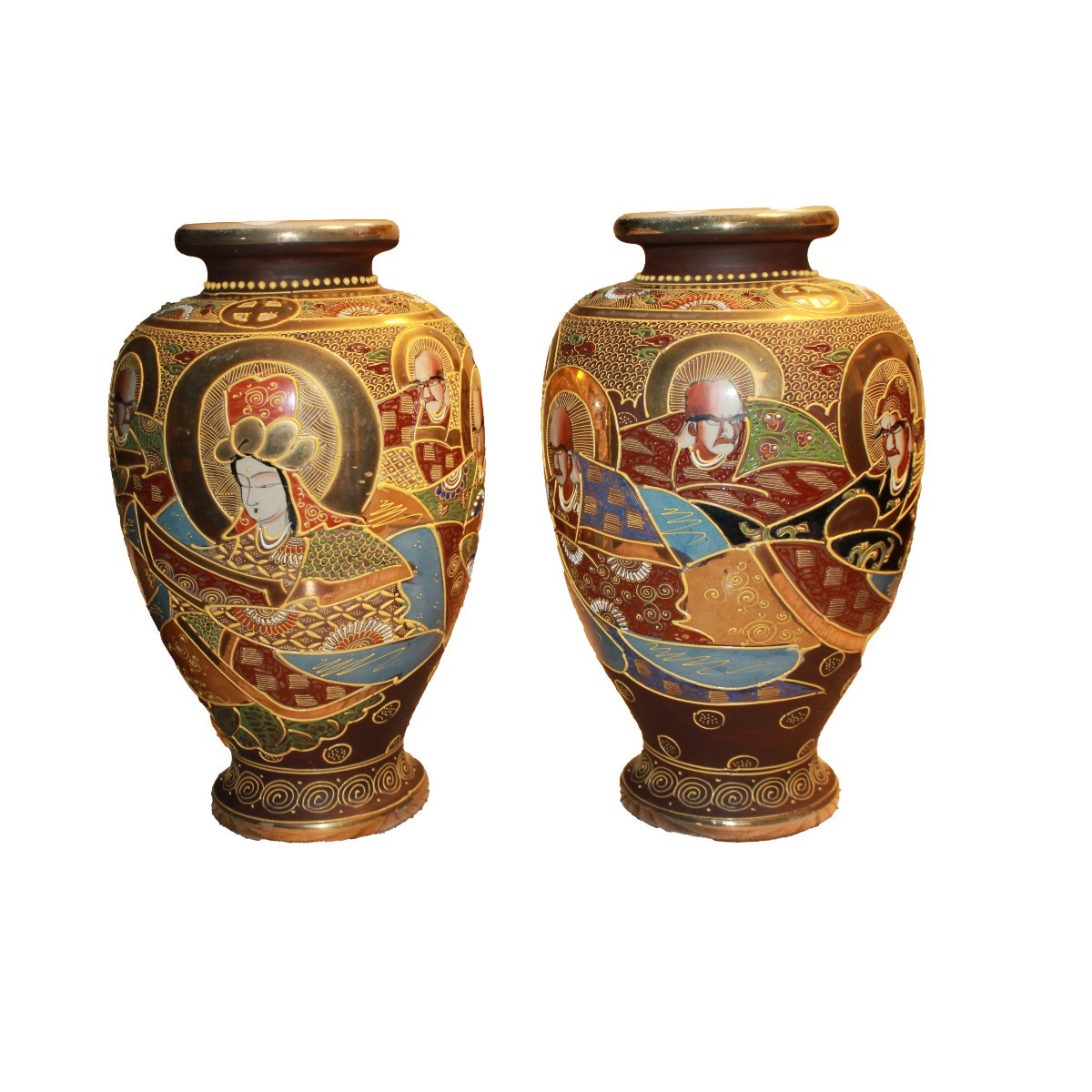 Coppia di Vasi Giapponesi Satsuma del 1800 Dorati con Personaggi