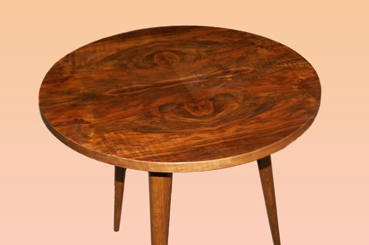 Tavolino circolare da salotto stile Decò Francese di inizio 1900 in legno di noce-photo-2