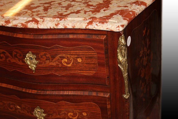 Comoncino francese stile Luigi XV con intarsi marmo rosso Francia e bronzi-photo-3