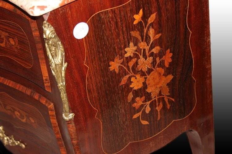 Comoncino francese stile Luigi XV con intarsi marmo rosso Francia e bronzi-photo-4