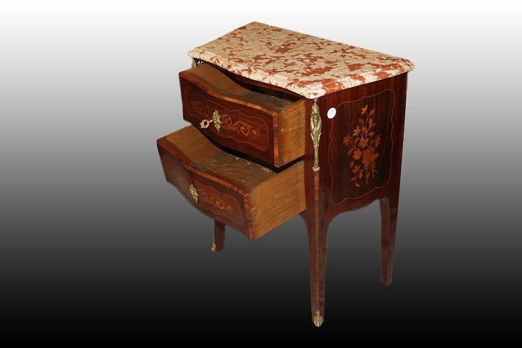 Comoncino francese stile Luigi XV con intarsi marmo rosso Francia e bronzi-photo-2