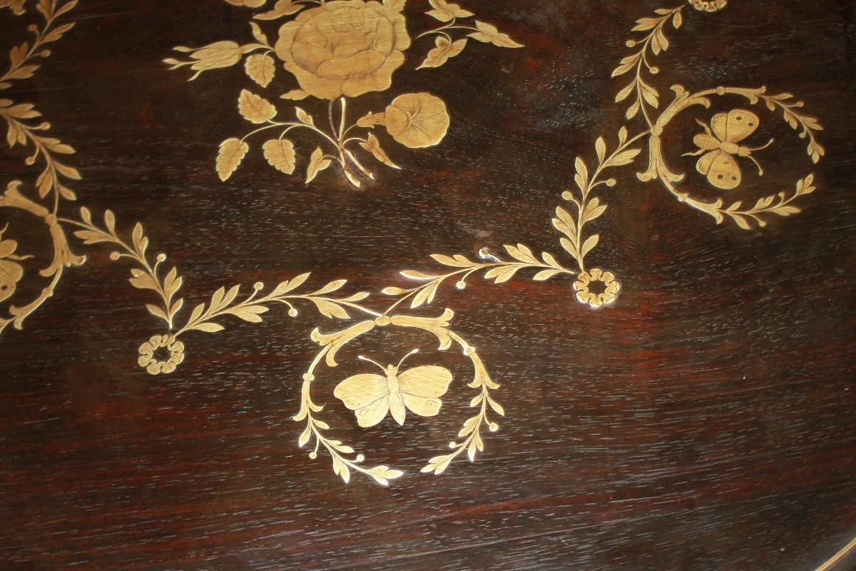 Tavolino Francese Circolare Intarsiato in Legno di Palissandro XIX secolo-photo-3