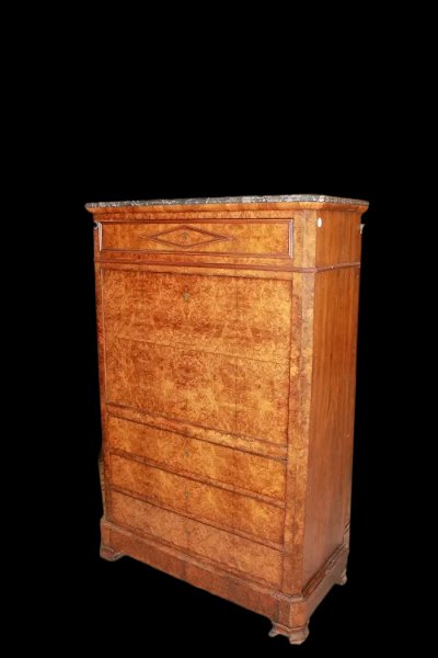 Secretaire Francese del 1800 Stile Impero In Radica di Olmo con Marmo Nero-photo-2