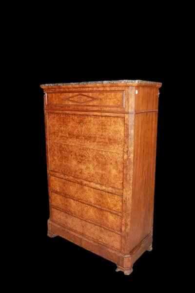 Secretaire Francese del 1800 Stile Impero In Radica di Olmo con Marmo Nero-photo-2