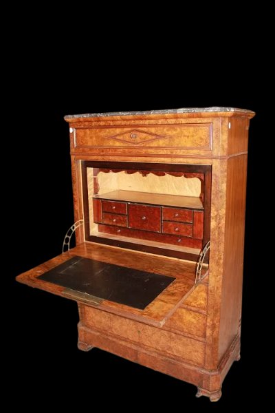 Secretaire Francese del 1800 Stile Impero In Radica di Olmo con Marmo Nero-photo-3
