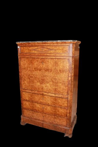 Secretaire Francese del 1800 Stile Impero In Radica di Olmo con Marmo Nero