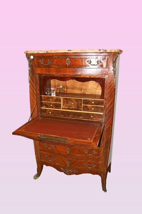 Grande secretaire stile Luigi XV con piano in marmo e intarsi-photo-4