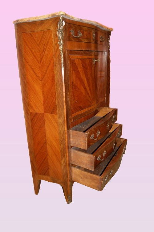 Grande secretaire stile Luigi XV con piano in marmo e intarsi-photo-3