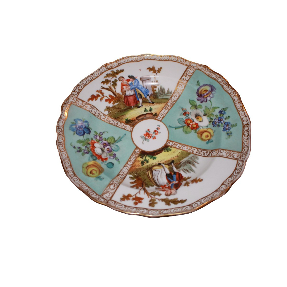 Piatto in porcellana Meissen decorata con scene galanti e fiori XIX secolo