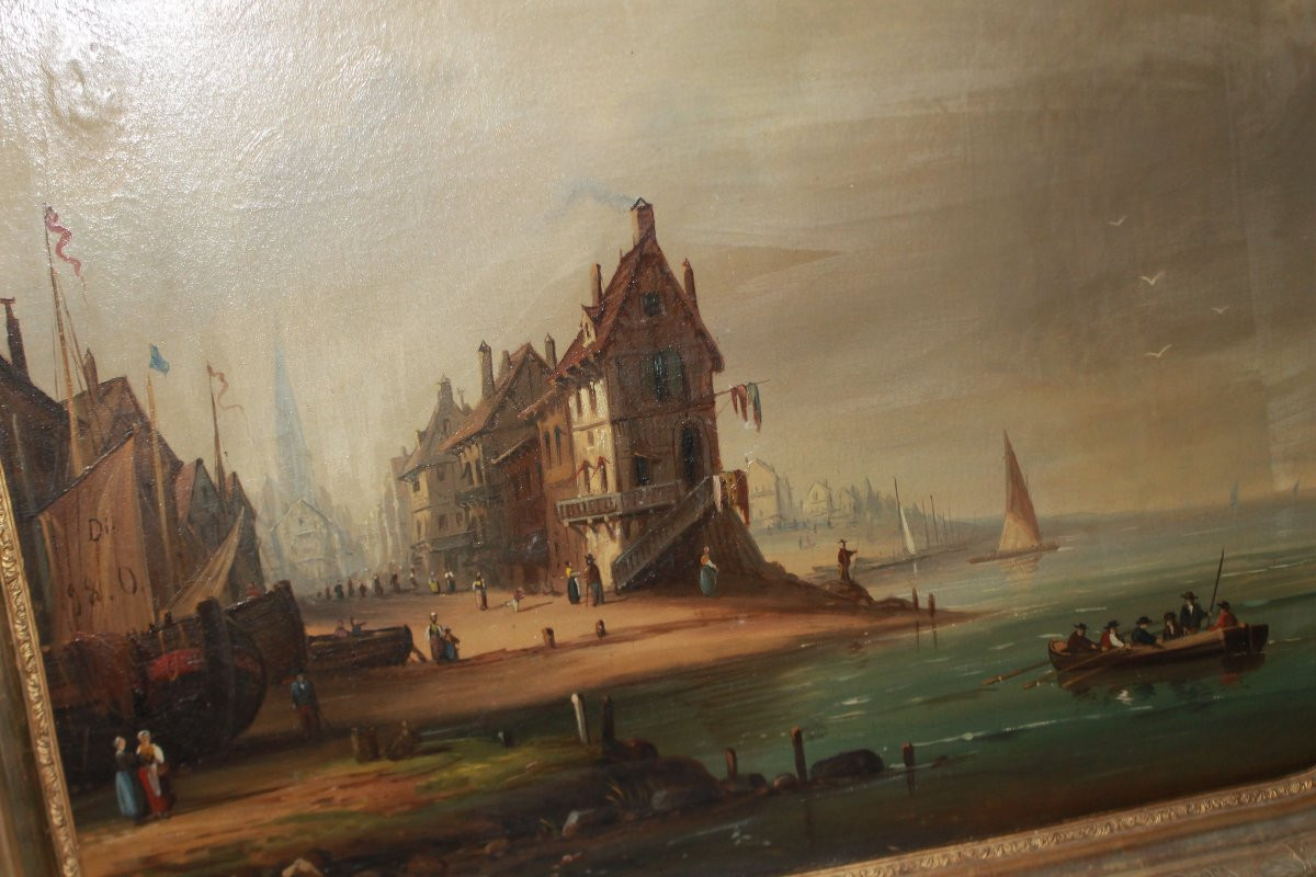Olio su Tela Olandese del 1700 Raffigurante Marina-photo-2