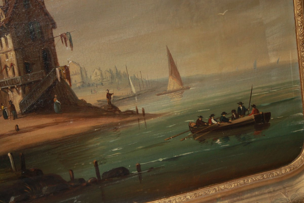 Olio su Tela Olandese del 1700 Raffigurante Marina-photo-4
