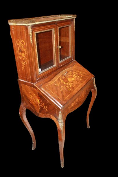 Cabinet Francese Stile Luigi XV con Intarsi Vetrina e Ribalta 1800-photo-3