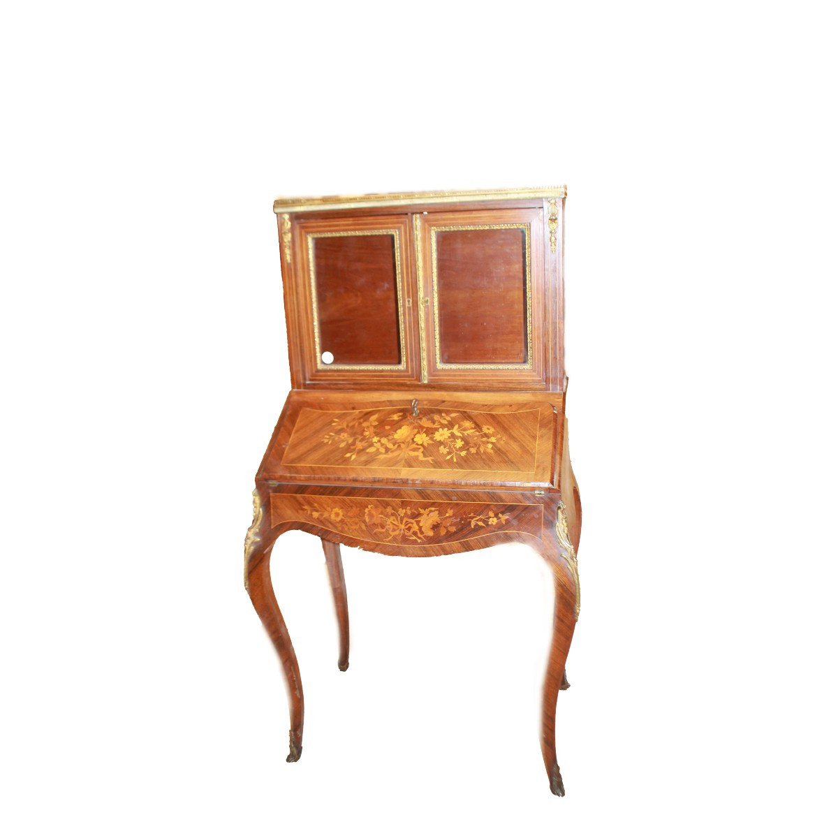 Cabinet Francese Stile Luigi XV con Intarsi Vetrina e Ribalta 1800
