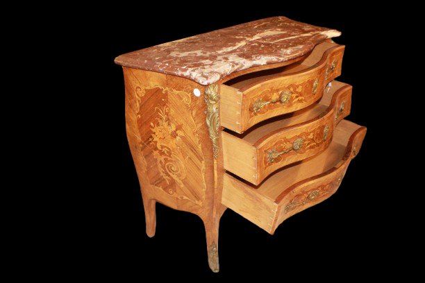 Cassettone Francese Stile Luigi XV Riccamente Intarsiato XIX secolo-photo-3