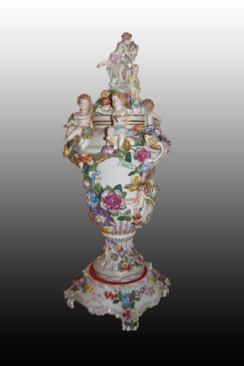 Spettacolare grande vaso centrotavola in porcellana Dresda riccamente decorata-photo-1