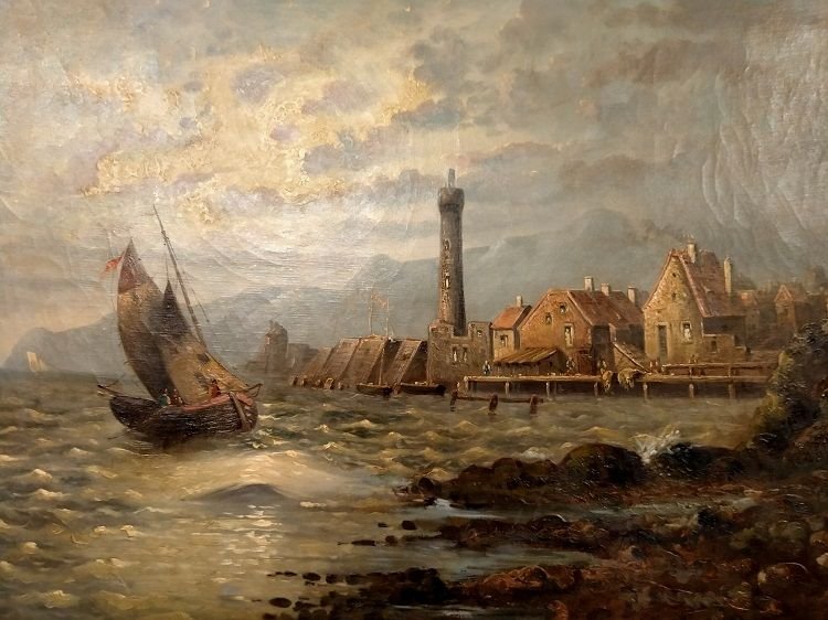 Olio su tela raffigurante città con fortificazioni sul mare-photo-2