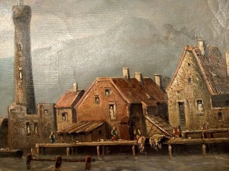Olio su tela raffigurante città con fortificazioni sul mare-photo-3
