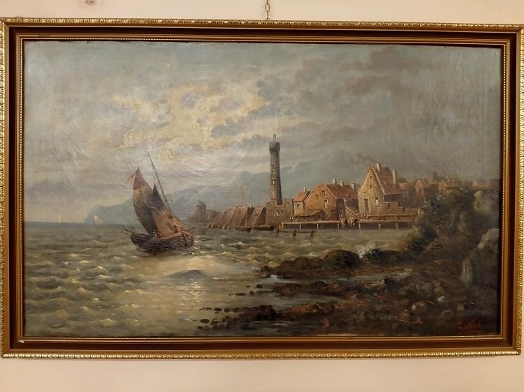 Olio su tela raffigurante città con fortificazioni sul mare