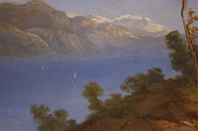 Olio su tela raffigurante paesaggio montano con lago-photo-3