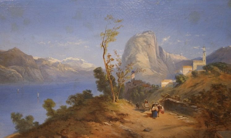 Olio su tela raffigurante paesaggio montano con lago-photo-1