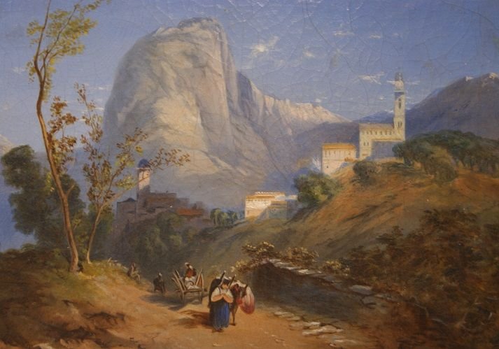 Olio su tela raffigurante paesaggio montano con lago-photo-2