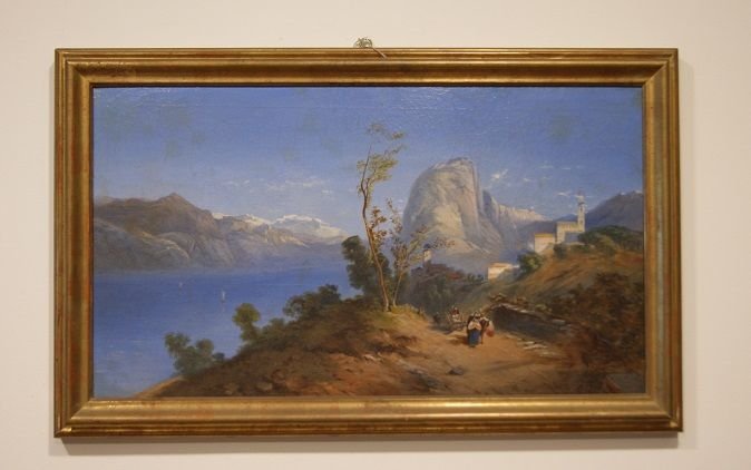 Olio su tela raffigurante paesaggio montano con lago