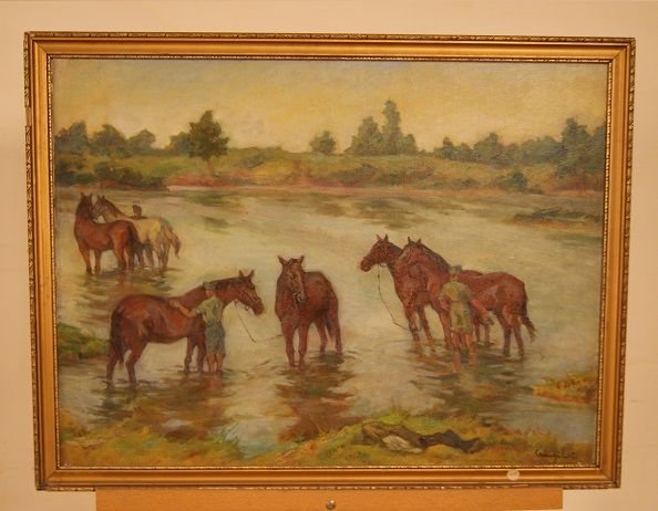Olio su tela raffigurante "Soldati e cavalli"